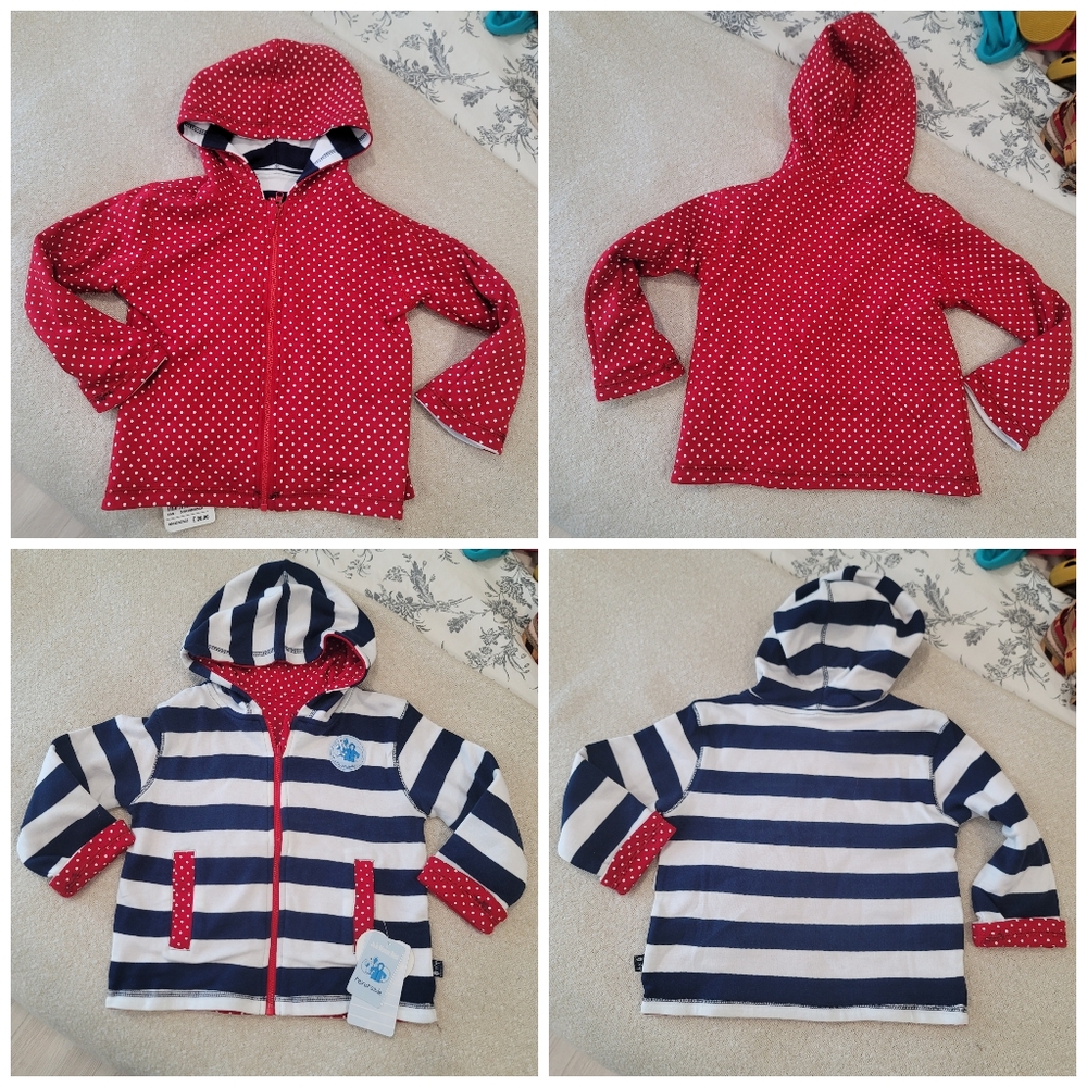 New JOJO MAMAN BÉBÉ Reversible Hoodie Navy Cream Stripe Red Polka Dot Size 2-3